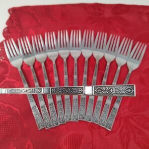 12X DF VTG Stanley Roberts Black Textured Stainless Flatware Japan Dinner Forks